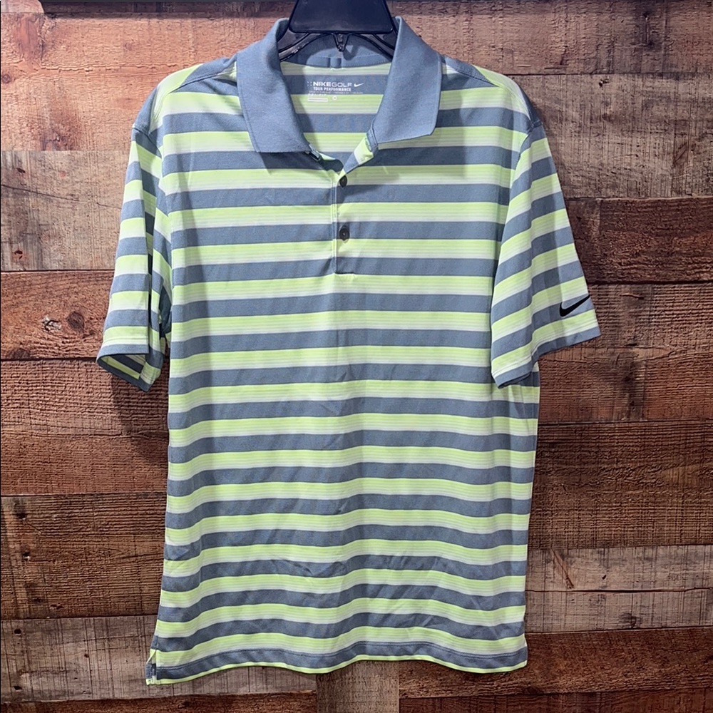 Nike Golf Tour Performance Dri-Fit Gray and Green Striped Polo Shirt men's med